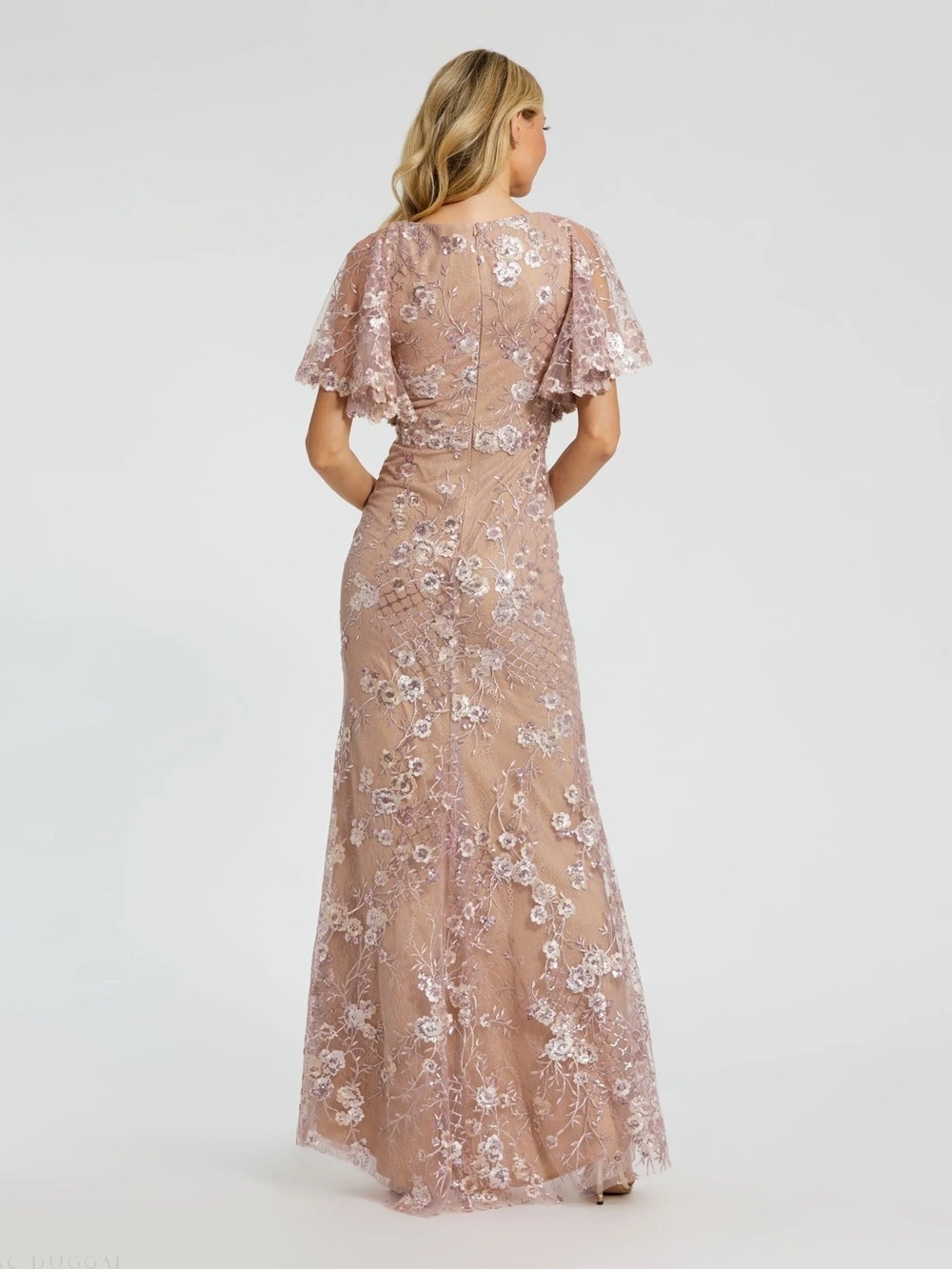 Mac Duggal Pink Embellished Lace V Neck Butterfly Sleeve Gown - Picture 3 of 3